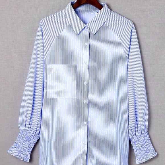 Tops - Blue & White Striped Button-Front Blouse